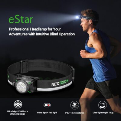 NEXTORCH eStar 1300 Lumens Headlamp Rechargeable, Running LED Headlight Extra Lightweight with Red Light, Waterproof Headband for Outdoor Camping Hiking Working, 2 * 1200 mAh, USB-C Charging, Black - Image 2