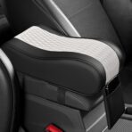 Car Armrest Cushion, Memory Foam Auto Center Console Armrest Pillow Pad with Storage Bag, Breathable Leather Middle Console Protective Pad with Phone Holder Relieve Elbow Pressure (WhiteGray)