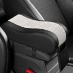 Car Armrest Cushion, Memory Foam Auto Center Console Armrest Pillow Pad with Storage Bag, Breathable Leather Middle Console Protective Pad with Phone Holder Relieve Elbow Pressure (WhiteGray)
