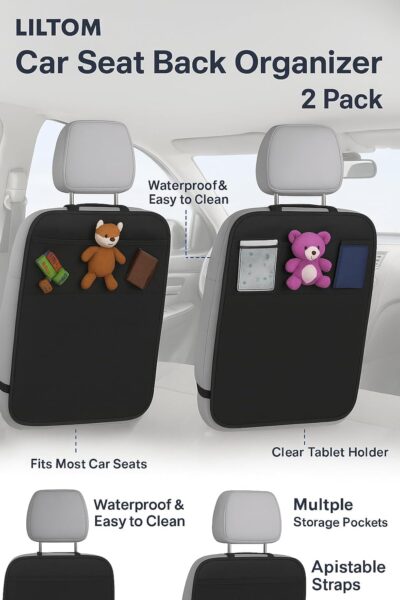 LILTOM Car Back Seat Protector with Organizer, 19"x27" XL Kick Mats, Waterproof, 3 Pockets, 2-Pack (Black - 3 Pocket) - Image 4