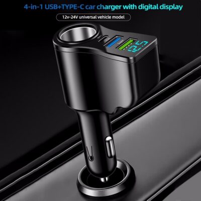One to Four with USB+Type-c Multifunctional Car Charger with Digital Display Suitable, Black - Image 4