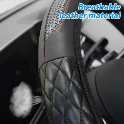 Car Steering Wheel Cover, 14.96" Leather Anti-Slip Vehicle Steering Wheel Protector with Fish Scale Graphic Grip, Automobile Interior Protection, Universal for Sedan Truck SUV (Black) - Image 3
