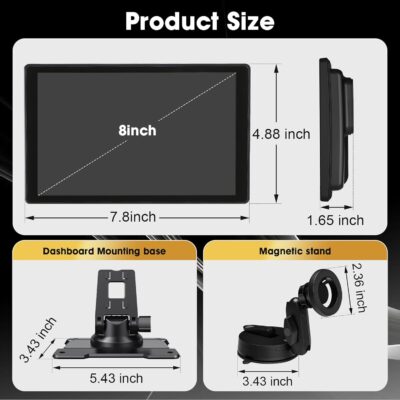 8'' Wireless Carplay Screen for Car, Portable Apple Car Play & Android Auto Car Stereo HD Touchscreen, Vertical/Horizontal Mode, Magnetic Mount, 5.0G WiFi, Voice Control & GPS Navigation - Image 2