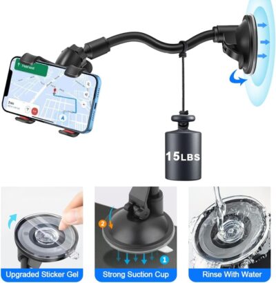 Phone Holders for Your Car: Windshield Phone Mount with Long Arm, 360° Rotation Strong Suction Cell Phone Car Mount, Anti-Shake Stabilizer for iPhone, Samsung, All Smartphones - Image 3