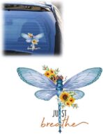 Just Breathe Dragonfly Car Sticker Decal, Vinyl Waterproof Automotive Window Sticker, Vintage Sun Flower Vehicle Bumper Decal, Positivity Auto Decoration Decals for Laptop, Wall (1PC)