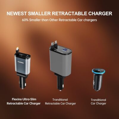 Flexino 【Ultra-Slim】 Retractable Car Charger for iPhone 17, Fast Charging Car Chargers, USB C Car Charger, Cigarette Lighter Adapter for iPhone 17/16/15/14/13/12 Series, Galaxy, Dark Gray, 1 Pack - Image 3
