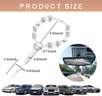 Ohleats Car Rosary for Rearview Mirror, Personalized Rear View Cross Blessing Beads Decor, Auto Rearview Catholic Rosary Hanging Pendant, Car Interior Hanging Accessories (Silver) - Image 2