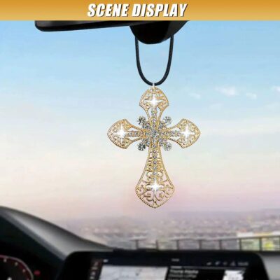 Bling Cross Car Hanging Ornament, Crystal Rhinestone Car Rear View Mirror Charm, Diamond Mirror Pendant, Universal Vehicle Interior Decoration Accessories for Men/Women Present (Gold) - Image 3