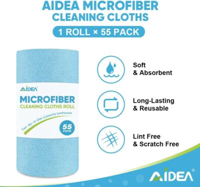 AIDEA Microfiber Cleaning Cloth Roll, Blue Shop Towels 55 Sheets Washable, Microfiber Towels for Cars, Blue Rags Reusable Paper Towel for Automotive, Workshop, House, Kitchen, Cleaning Supplies11×9" - Image 3