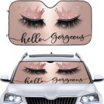 Hello Gorgeous Car Windshield Sunshade, Pink Crown Eyelash Front Window Sun Shades, Folding Block UV Rays Sun Visor Protector, Sun Shield for Car Sedan Truck SUV Cute Auto Accessories 51x27.5 in