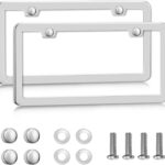 Solid Silver License Plate Frames 2 Pack, 2 Holes Rust-Proof License Plate Holder, Universal Car Stainless Steel License Plate Frame for Women & Man (Screws & Chrome Caps) by Lengnoyp