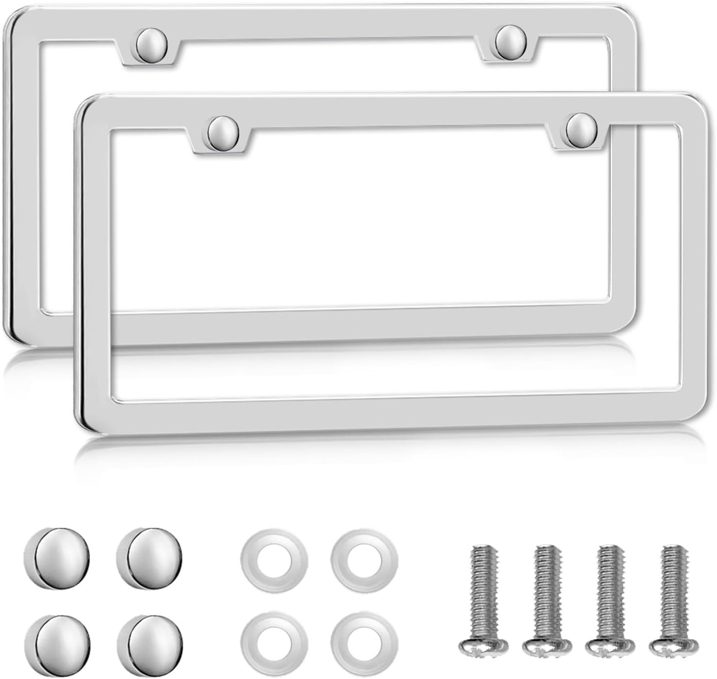 61FrxWnDJeL._AC_SL1500_.jpg Solid Silver License Plate Frames 2 Pack, 2 Holes Rust-Proof License Plate Holder, Universal Car Stainless Steel License Plate Frame for Women & Man (Screws & Chrome Caps) by Lengnoyp - Image 1