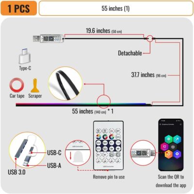 Acrylic Ambient Lighting Car Interior,55.1 inches Dream Color Acrylic Led Strips with USB Hub, APP Fiber Optic Emotion Glow Lights for Car Y 3 S X, Neon Ambient Lighting Kit Dashboard Decorations - Image 2