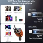 4 in 1 Retractable Car Charger with Starry Light,69W Cigarette Lighter Charger,USB C Fast Car Charger for iPhone 17 Pro Max 16 15 14 13 12 11 (for Apple+Type C &RGB Breathing Light [Orange]) - Image 2