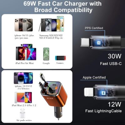 4 in 1 Retractable Car Charger with Starry Light,69W Cigarette Lighter Charger,USB C Fast Car Charger for iPhone 17 Pro Max 16 15 14 13 12 11 (for Apple+Type C &RGB Breathing Light [Orange]) - Image 2