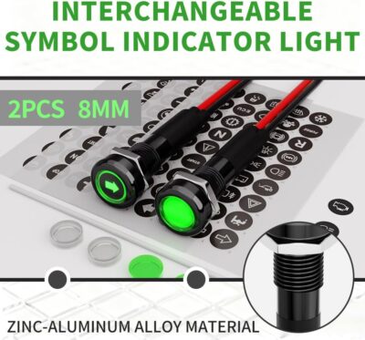 2Pcs 8MM 12V-24V LED Indicator Light with 180 Changeable Symbols, IP67 Waterproof, Pre-Wired Customizable Pilot Dash Directional Warning Lights for Car Truck Boat Marine RV Off-Road(Green) - Image 8