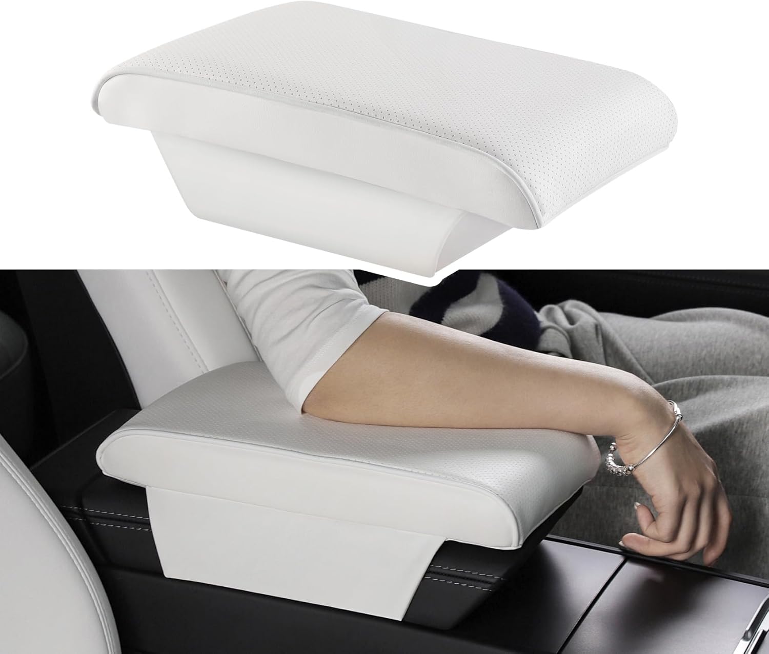 61Gu9tVv0OL._AC_SL1500_.jpg TPARTS Leather Armrest Support Cushion for All Tesla Model Y/3/X/S Tesla Armrest Decor Interior Accessories Memory Foam Console Pillow Elbow Rest Cover Pad (White) - Image 1