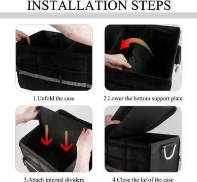 Trunk Organizer With Lid, Collapsible Waterproof Oxford Car Organizer with Aluminum Handle Base Plate, 2-Compartment 28L Sturdy Trunk Cargo Storage Organizer for RV SUV Truck (Black) - Image 6