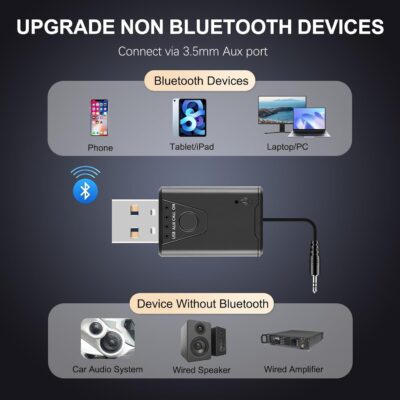 USB Bluetooth 5.4 Adapter for Car, Bluetooth Music Receiver Plug & Play, 3.5mm AUX Jack Car Kit Built-in Microphone for Hands-Free Calling Compatible with Speakers/Home Stereo,USB-Powered - Image 2
