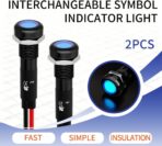2Pcs 8MM 12V-24V LED Indicator Light with 180 Changeable Symbols, IP67 Waterproof, Pre-Wired Customizable Pilot Dash Directional Warning Lights for Car Truck Boat Marine RV Off-Road(Blue) - Image 9