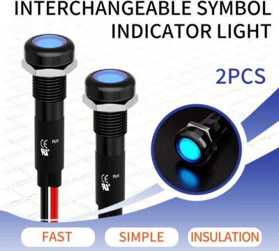 2Pcs 8MM 12V-24V LED Indicator Light with 180 Changeable Symbols, IP67 Waterproof, Pre-Wired Customizable Pilot Dash Directional Warning Lights for Car Truck Boat Marine RV Off-Road(Blue) - Image 9