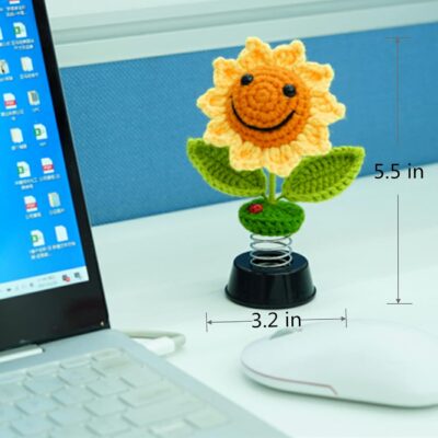 Levvohd Sunflower Car Accessories Dashboard Decorations, Crochet Smiley Shaking Sun Flowers Bobblehead Cars Decor for Women, for Cute Girl Interior Desk Ornaments Gifts (H 5.2 in) - Image 2