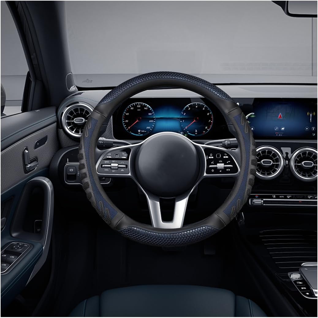 61KMLwu71rL._AC_SL1200_.jpg Car Steering Wheel Cover, Anti-Slip Leather Breathable Comfortable Automotive Steering Wheel Cover Protector Decoration for Men and Women, 15 Inch Universal for SUV, Truck, RV(Blue) - Image 1
