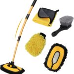 Car Wash Brush with Long Handle, 15°Curved Car Cleaning Brush with Replaceable Head Cover, Truck Washing Brushwith Telescopic Handle Wash Mop Kit 5PCS
