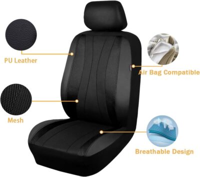 Flying Banner car seat Covers Full Set Faux Leather Air Mesh Breathable Man Lady Airbag Compatible Rear Bench Split 40/60 50/50 60/40 Truck Pick Up (Full Set - Low Back, Black Black) - Image 2