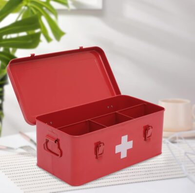 First Aid Medicine Box, First Aid Kit Supplies Bin, Metal Medicine Storage Tin, First Aid Empty Box with Safety Lock for Home Emergency Tool Set-Red - Image 5