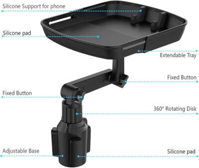 Larger Cup Holder Tray, 10 inch Car Food Tray for Eating, Detachable 3 in 1 Car Cup Holder Expander and 360° Rotating Car Cup Holder Tray Table with Phone Holder, Road Trip Essentials - Image 4