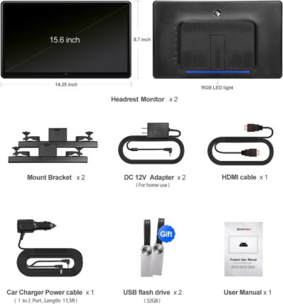 15.6 inch 4K Android Car TV Headrest Monitor for Cars Back seat Rear Entertainment System, Support Wireless Phone Link Touch Screen,with WiFi/Bluetooth/HDMI/USB/Video Player 2G+32G (2PCs) - Image 6
