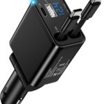 Retractable Car Phone Charger for Samsung S26 S25 Android, 4 in 1 Fast USB C Car Charging Adapter with 2 Flexible USB C Cable, USBC Cigarette Lighter Gift for Men Car Gadgets Electronics Accessories