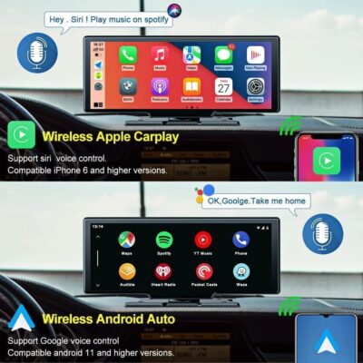 10.26" Wireless Apple CarPlay Screen for Car with Dash Cam, Portable Android Auto Display, Bluetooth/AUX/FM Audio, Voice Control, Plug & Play Dashboard Mount - Image 3