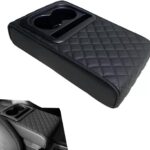 Car Center Console Armrest, Leather Memory Foam Armrest Cushion with Cup Holder & Phone Holder, 13.8" x 8.3" Car Arm Rest Support Pad, Universal for Most Vehicles (Black)