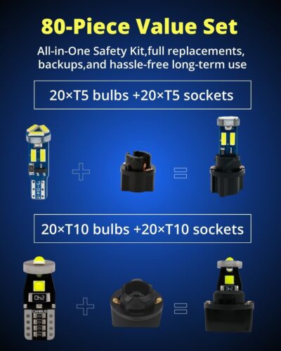 WLJH 40 Pack 194 168 T10 T5 LED Bulbs With Sockets, Non Polarity, Dimmable, For Dash Cluster Dome Map Door Trunk Parking License Plate Lights,300 LM Interior & Exterior Replacement, Bright White - Image 2
