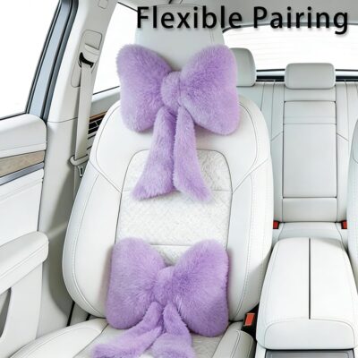 Sexysamba 2 Pcs Plush Bow Car Headrest Neck Pillow Cute Bow Pillow for Car Seat Décor Soft Neck Support for Comfortable Driving Traveling Office Fluffy Head Rest Cushion, Purple - Image 6