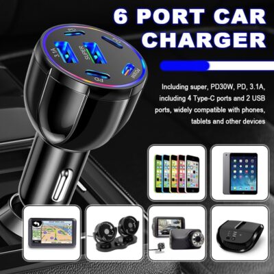 6 Port Car Charger USB C & USB A,75W Ultra-Fast Car Charger Adapter with Super/PD30W/PD/3.1A,Universal 12V/24V Cars Lighter USBs Adapter Cars Ports Chargers for Phone,Tablet - Image 6