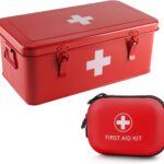 First Aid Box with Mini First Aid Kit, Metal Medicine Storage Box with Handles & Safety Lock, First Aid Organizer Waterproof Hard Shell Small Case for Travel Home Office Camping Hiking Car