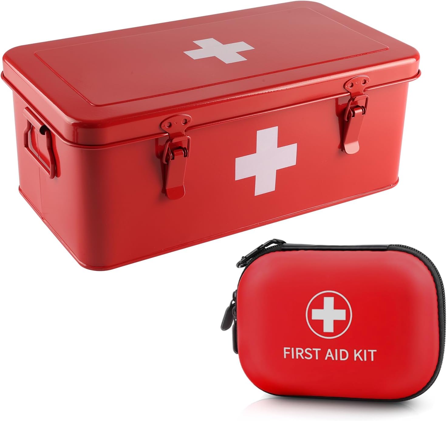 61PVQuFRJgL._AC_SL1500_.jpg First Aid Box with Mini First Aid Kit, Metal Medicine Storage Box with Handles & Safety Lock, First Aid Organizer Waterproof Hard Shell Small Case for Travel Home Office Camping Hiking Car - Image 1