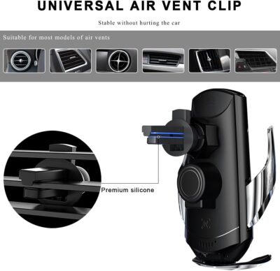 Wireless Car Charger, 15W Fast Charging Air Vent Mount Auto-Clamping Phone Holder, Automotive Electric Induction Charger 360° Rotating Magnetic Vent Mount Bracket for Smartphones (Silver) - Image 2