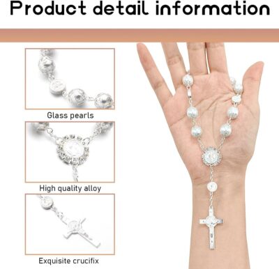 Ohleats Car Rosary for Rearview Mirror, Personalized Rear View Cross Blessing Beads Decor, Auto Rearview Catholic Rosary Hanging Pendant, Car Interior Hanging Accessories (Silver) - Image 3