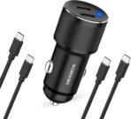 Dual 45W USB C Car Charger, 90W Max Super Fast Charging, All Metal 12V Cigarette Lighter Adapter for iPhone 17 Pro Max/16/15/iPad, Samsung Galaxy S26/S25, Google Phones with 2 Type C Cable 3.3ft Black