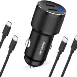 Dual 45W USB C Car Charger, 90W Max Super Fast Charging, All Metal 12V Cigarette Lighter Adapter for iPhone 17 Pro Max/16/15/iPad, Samsung Galaxy S26/S25, Google Phones with 2 Type C Cable 3.3ft Black