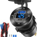 12V USB Outlet 3 Port Car Charger Socket, 78W Dual PD USB C 30W and Quick Charge3.0 Port Aluminum Charger Waterproof with Voltmeter and Button Switch for Boat Marine Motorcycle RV Truck Golf Cart, etc