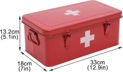 First Aid Medicine Box, First Aid Kit Supplies Bin, Metal Medicine Storage Tin, First Aid Empty Box with Safety Lock for Home Emergency Tool Set-Red - Image 3