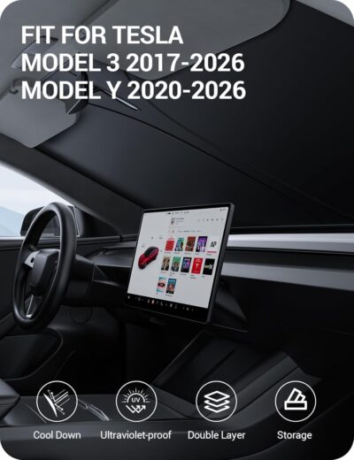 BASENOR 2017-2026 Tesla Model Y Model 3 Windshield Sunshade, (Proprietary Design) Folding Front Window Sun Shade Full Cover, Heat UV Protection Visor Accessories - Image 2
