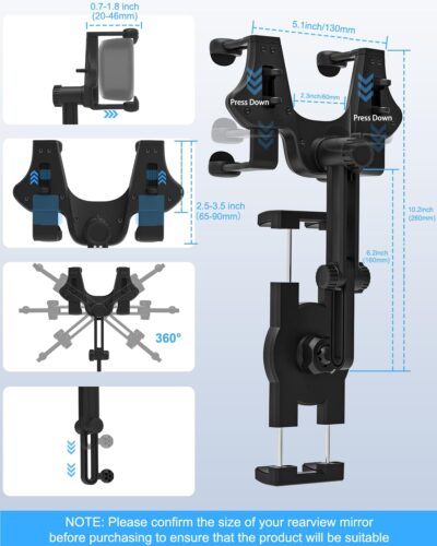 Rear View Mirror Car Phone Holder Clip - [Four Claws Anti-Shake] Cell Phone Mount for Car Rearview Mirror with 360° Rotatable & Retractable for iPhone Air 17 Pro Max 16 15 14 13 12, 4-7" Smartphones - Image 3