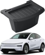 Rear Center Console Floor Storage Organizer Box for Tesla Model Y Juniper 2025 2026,Black TPE Car Accessory with Anti-Slip Lid,Backseat 2nd Row Seat Organizer Bin