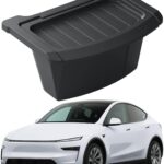 Rear Center Console Floor Storage Organizer Box for Tesla Model Y Juniper 2025 2026,Black TPE Car Accessory with Anti-Slip Lid,Backseat 2nd Row Seat Organizer Bin